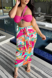 Yellow Sexy Print Patchwork One Shoulder Sleeveless Two Pieces