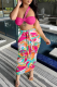 Rose Red Sexy Print Patchwork One Shoulder Sleeveless Two Pieces