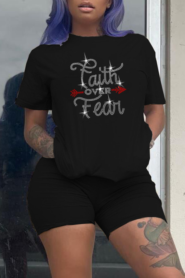 Black Fashion Casual Letter Hot Drill O Neck Short Sleeve Two Pieces