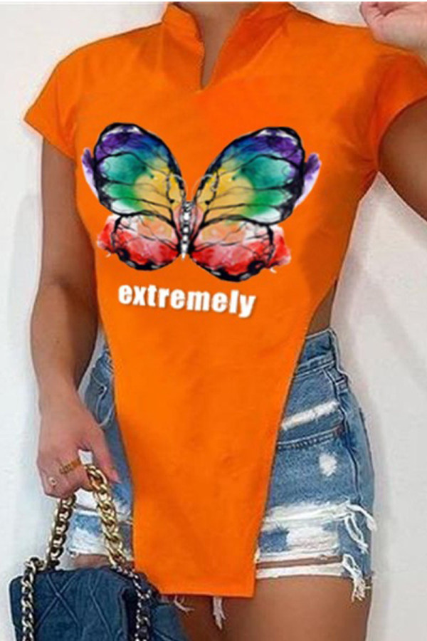 Tangerine Sexy Street Print Patchwork Asymmetrical Mandarin Collar T-Shirts