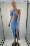 Red Sexy Solid Hollowed Out Draw String Frenulum Backless Halter Sleeveless Dress