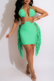 Green Sexy Solid Tassel Bandage Hollowed Out Backless Halter Sleeveless Two Pieces