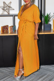 Yellow Casual Solid Split Joint V Neck Straight Dresses