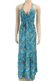 Blue Elegant Print Patchwork Backless Halter Straight Dresses