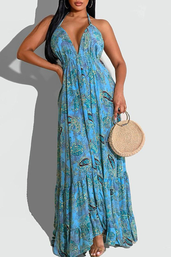 Blue Elegant Print Patchwork Backless Halter Straight Dresses