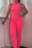 Rose Red Casual Sportswear Solid Embroidered Patchwork Turtleneck Skinny Jumpsuits