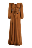 Light Brown Fashion Sexy Solid Backless Slit Off the Shoulder Long Dress Dresses