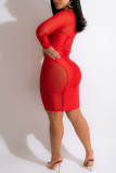 Red Sexy Solid Patchwork See-through Pencil Skirt Dresses