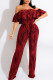 Burgundy Casual Print Patchwork Flounce Off the Shoulder Straight Jumpsuits