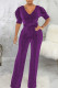 Purple Casual Solid Patchwork V Neck Straight Jumpsuits