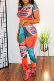 Multicolor Fashion Casual Cartoon Print Basic O Neck Short Sleeve Two Pieces