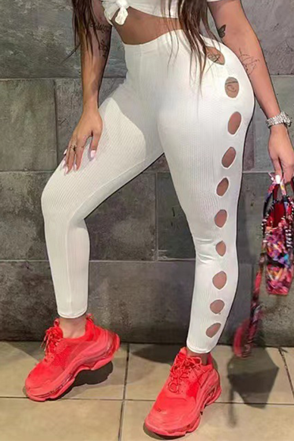 White Sexy Solid Hollowed Out Skinny High Waist Pencil Solid Color Bottoms