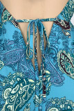 Blue Elegant Print Patchwork Backless Halter Straight Dresses