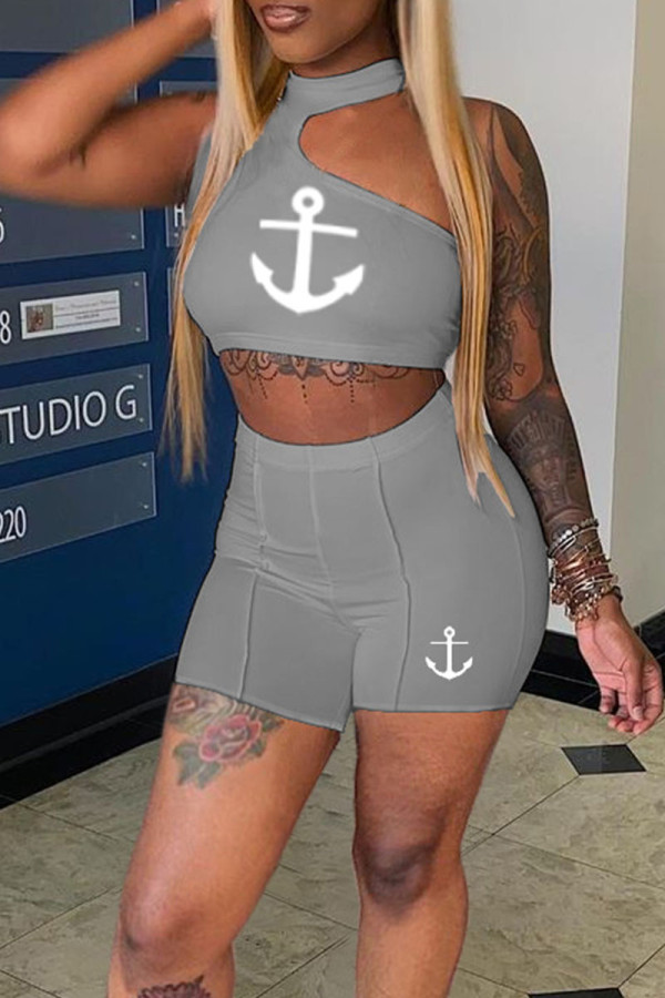 Grey Casual Sportswear Print Patchwork Halter Sleeveless Two Pieces