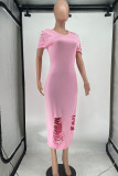 Light Blue Casual Solid Ripped Patchwork O Neck Straight Dresses