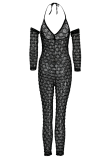 Black Sexy Solid Patchwork Halter Skinny Jumpsuits