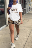 Leopard Print Casual Leopard Camouflage Print Patchwork O Neck Short Sleeve Two Pieces