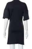 Black Casual Print Patchwork Asymmetrical O Neck Dresses