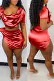 Red Fashion Sexy Solid Split Joint Slit Short Sleeve Two Pieces