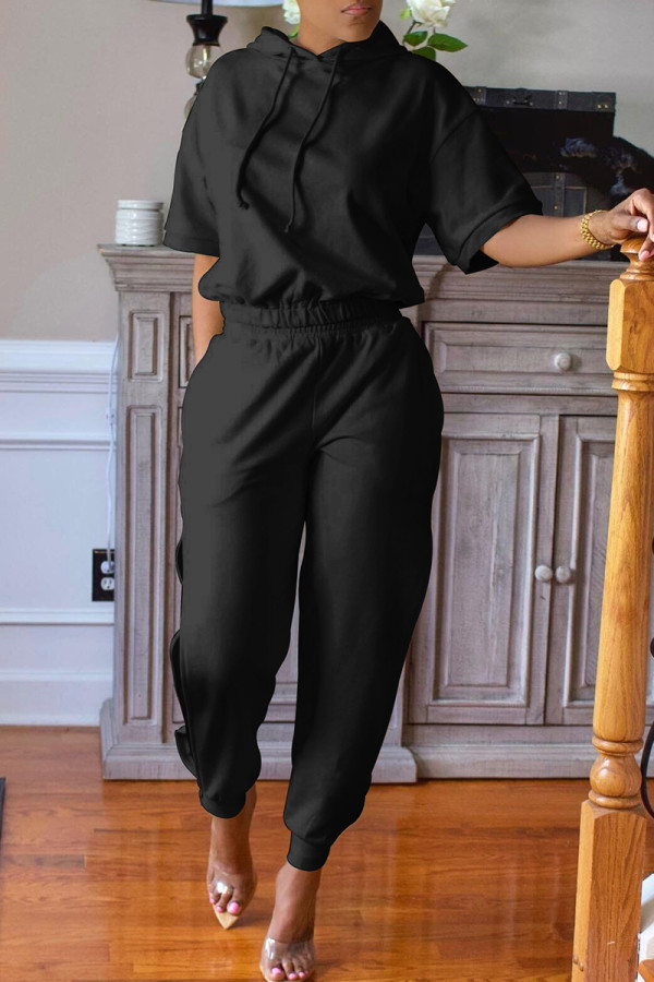 Black Fashion Casual Solid Slit Hooded Collar Short Sleeve Two Pieces