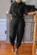 Black Fashion Casual Solid Slit Hooded Collar Short Sleeve Two Pieces