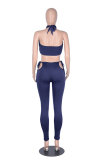 Blue Sexy Solid Patchwork Halter Sleeveless Two Pieces
