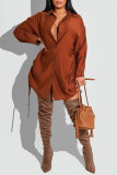 Red Casual Solid Patchwork Frenulum Buckle Slit Turndown Collar Tops