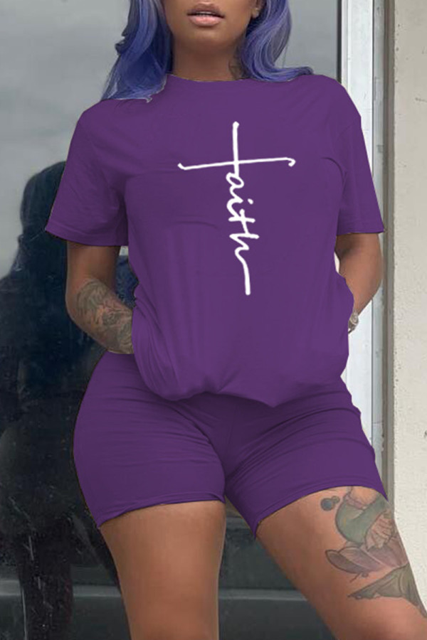 Purple Fashion Casual Print Basic O Neck Short Sleeve Two Pieces