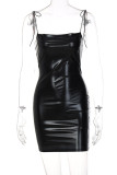 Black Sexy Solid Split Joint Frenulum Spaghetti Strap Pencil Skirt Dresses