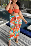 Yellow Sexy Print Patchwork One Shoulder Sleeveless Two Pieces