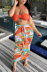 Tangerine Red Sexy Print Patchwork One Shoulder Sleeveless Two Pieces