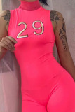 Rose Red Casual Sportswear Solid Embroidered Patchwork Turtleneck Skinny Jumpsuits