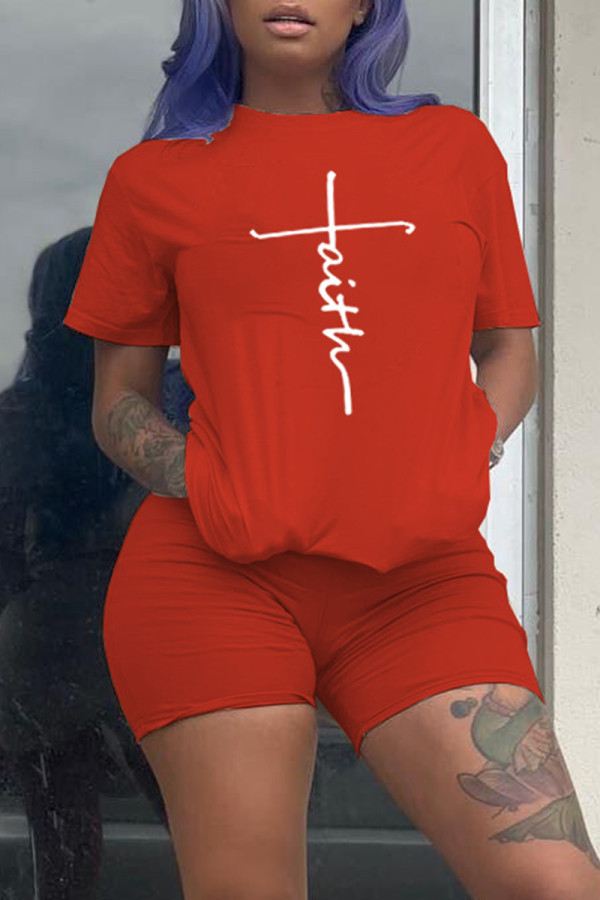 Red Fashion Casual Print Basic O Neck Short Sleeve Two Pieces