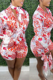 Colour Casual Print Patchwork Turndown Collar Long Sleeve Two Pieces