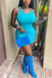 Blue Fashion Sexy Casual Solid Vests O Neck Waist Skirt Dresses