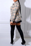 Khaki Fashion Casual Plaid Print Basic Turndown Collar Tops