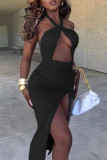 Red Sexy Solid Hollowed Out Draw String Frenulum Backless Halter Sleeveless Dress