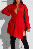 Red Casual Solid Patchwork Frenulum Buckle Slit Turndown Collar Tops