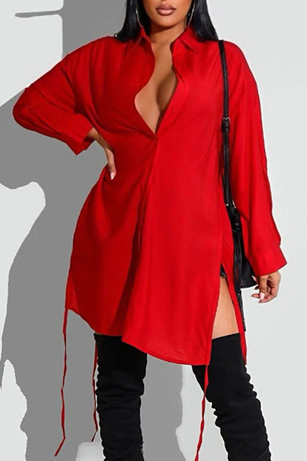 Red Casual Solid Patchwork Frenulum Buckle Slit Turndown Collar Tops