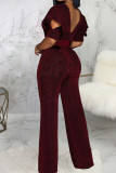 Burgundy Casual Solid Patchwork V Neck Straight Jumpsuits