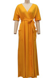Yellow Casual Solid Split Joint V Neck Straight Dresses