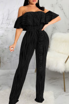 Black Casual Print Split Joint Flounce Off the Shoulder Straight Jumpsuits