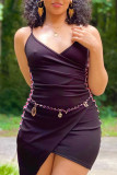 Black Sexy Solid Patchwork Asymmetrical Spaghetti Strap Sling Dress Dresses(Without Belt)