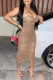 Khaki Sexy Solid Tassel Hollowed Out Patchwork Fold Spaghetti Strap Sling Dress Dresses