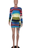 Red Sexy Striped Print Patchwork Fold O Neck Pencil Skirt Dresses