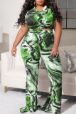 Brown Casual Print Split Joint O Neck Plus Size Two Pieces