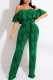 Green Casual Print Patchwork Flounce Off the Shoulder Straight Jumpsuits