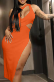 Red Sexy Solid Hollowed Out One Shoulder Pencil Skirt Dresses