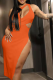 Tangerine Red Sexy Solid Hollowed Out One Shoulder Pencil Skirt Dresses