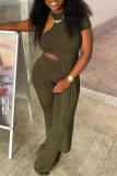 Army Green Fashion Casual Solid Asymmetrical O Neck Short Sleeve Two Pieces
